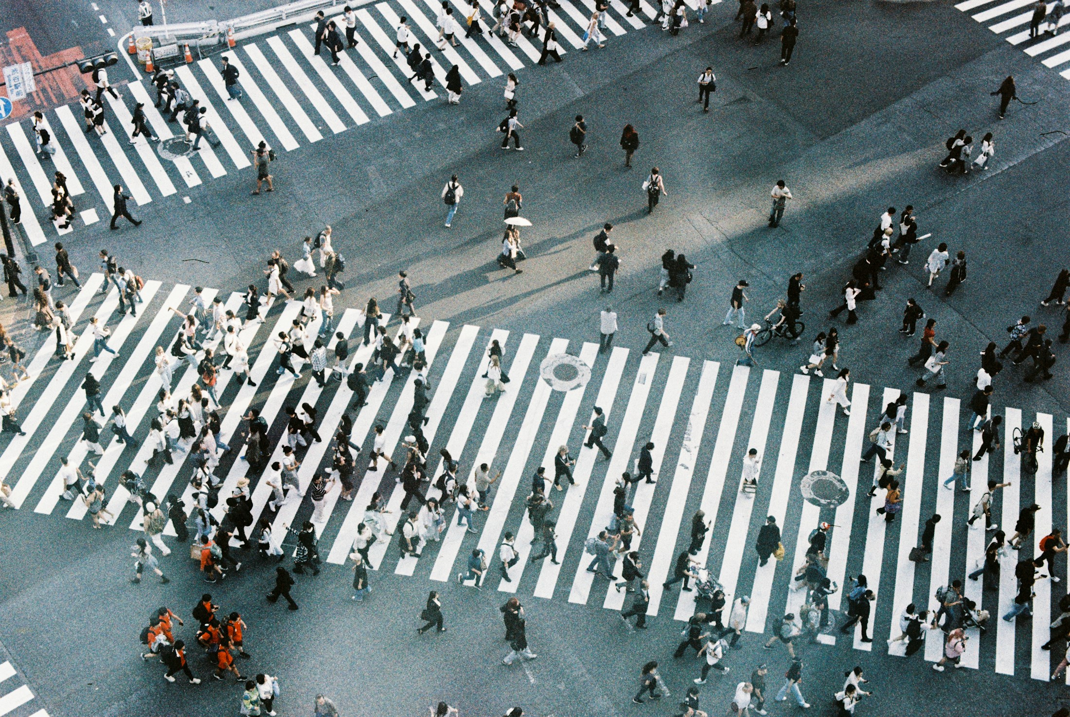 People walking through a city intersection in warm afternoon light